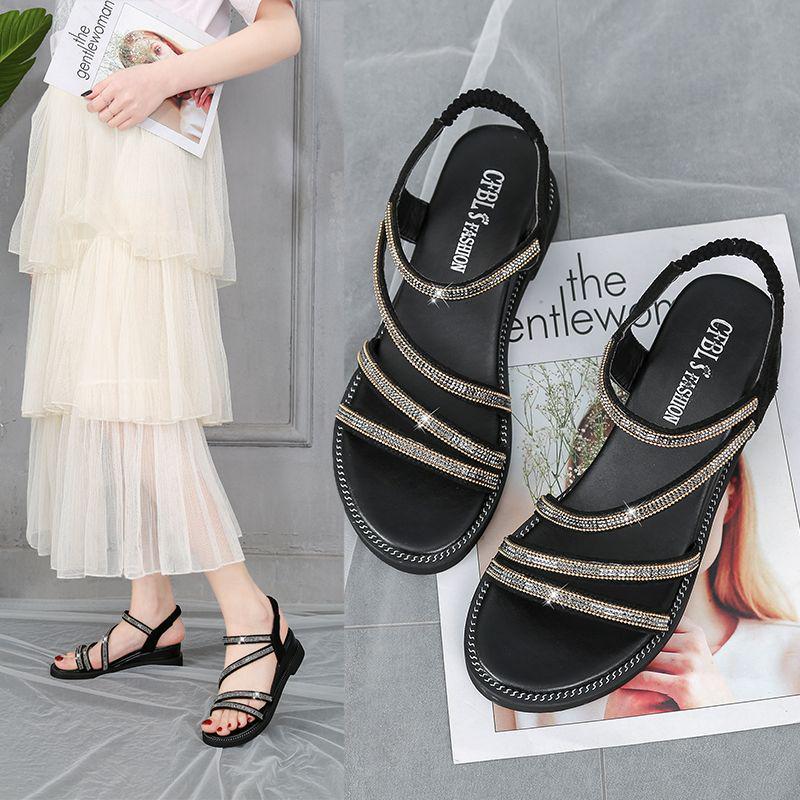 2025 Women’s Roman-Style Rhinestone Sandals - Casual, Korean-Inspired Summer Flats, Non-Slip & Versatile Fashion