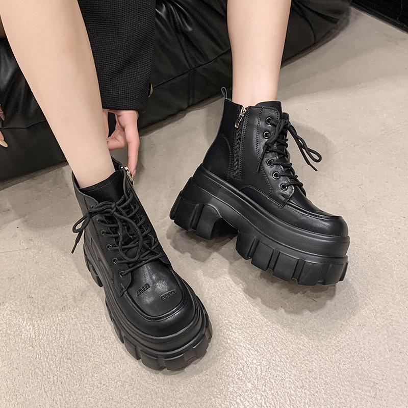 Modă 2025 Nou 9CM Platformă Înaltă Botine de Gleznă Femei Cizme de Combat Motociclist Punk Pantofi din Piele Femeie Tălpi Groase Cizme de Zăpadă cu Blană Caldă