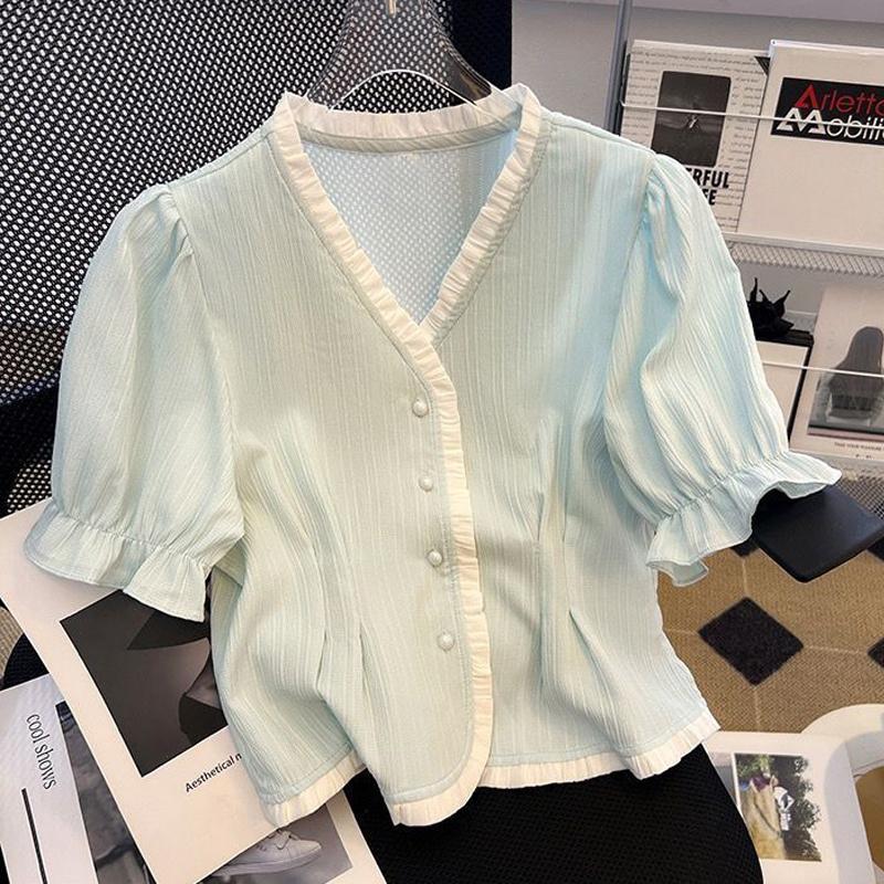 Women's Stylish Ruffle Contrast Color Design Button Up Shirt Elegant V Neck Sweet Chic Blouse Summer Female Casual Loose Tops