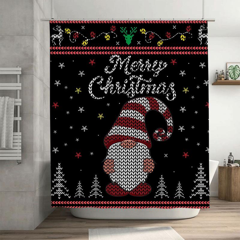 

Knitted Style Gnome Christmas Shower Curtain With Merry Christmas Glitter Text,Holiday Bathroom Decor W60H190(CM)-1 Pcs