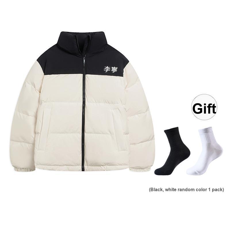 Li Ning Hot Pot Down Jacket With Letter Embroidery And Zipper Stand Collar Unisex Outerwear Off-White AYMS307-1