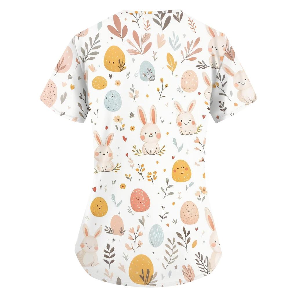 Women's Fashion V-neck Short Sleeve Workwear With Pockets Printed Tops