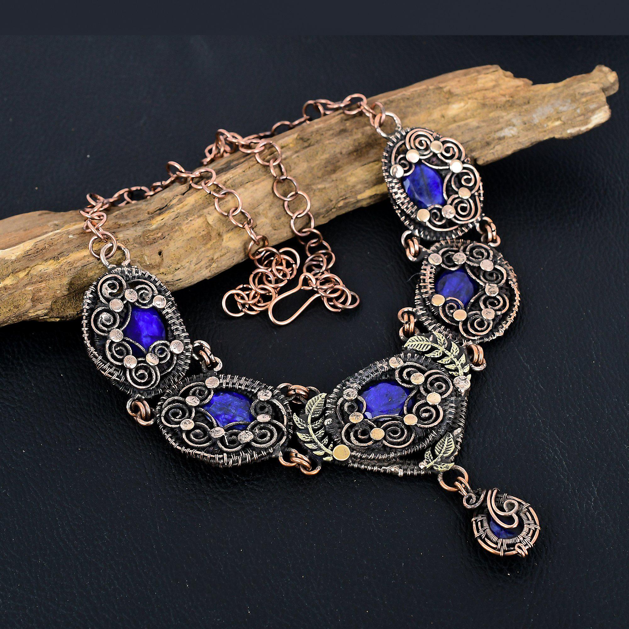 

Ожерелье с синим сапфиром, Ожерелье из драгоценных камней ручной работы, Ожерелье, обернутое медной проволокой 999 пробы, Антикварное украшение, Для подарка на помолвку Adjustable With 18 Inches