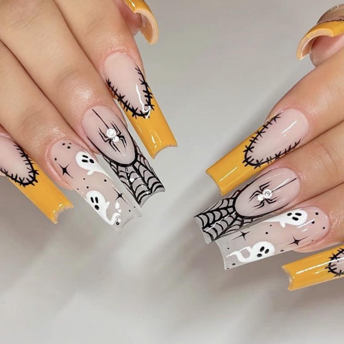 

Long Coffin Halloween Press-on Nails: Orange French Tips, Black Spiderweb, White Ghost