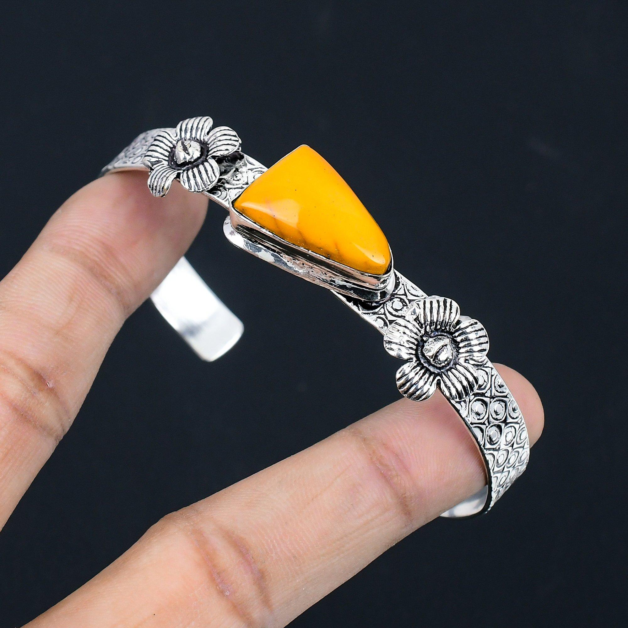 

Halloween Deal Mookaite Gemstone 925 Silver Wife Birthday Artisan Flower Bangle Adjustable