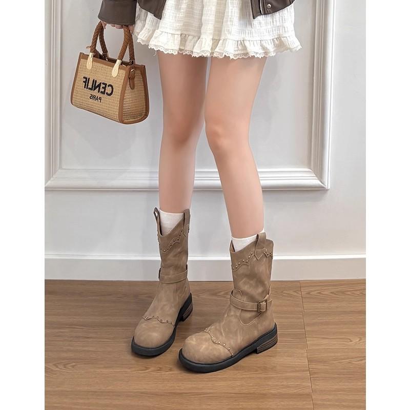 Sheepskin~ Genuine Leather British Style Retro Rivet Martin Boots Women's Western Cowboy Boots Short Boots Medium Knight Boots