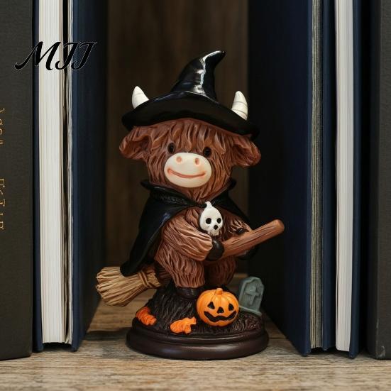 Fall Seasonal Displays 2Pcs Halloween Highland Cow Witch Ornament, Resin Figurine with Hat Pumpkin Broom Rustic Home Decorations & Skull, Cute