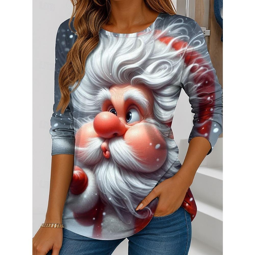 Women's Santa Claus Printed Christmas Theme Crew Neck Long Sleeve T-shirt Casual Comfortable Polyester Christmas Party Pullover