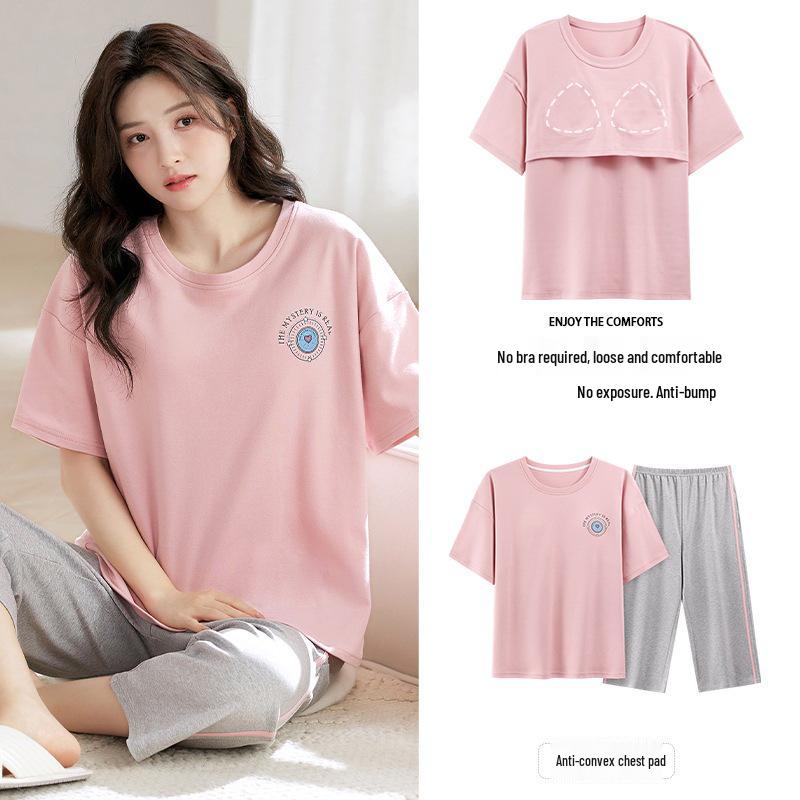 2025 Women's Summer Capri Pajama Set: Short-Sleeve, Thin Cotton with Breast Pads, Versatile for Home or Outside Wear