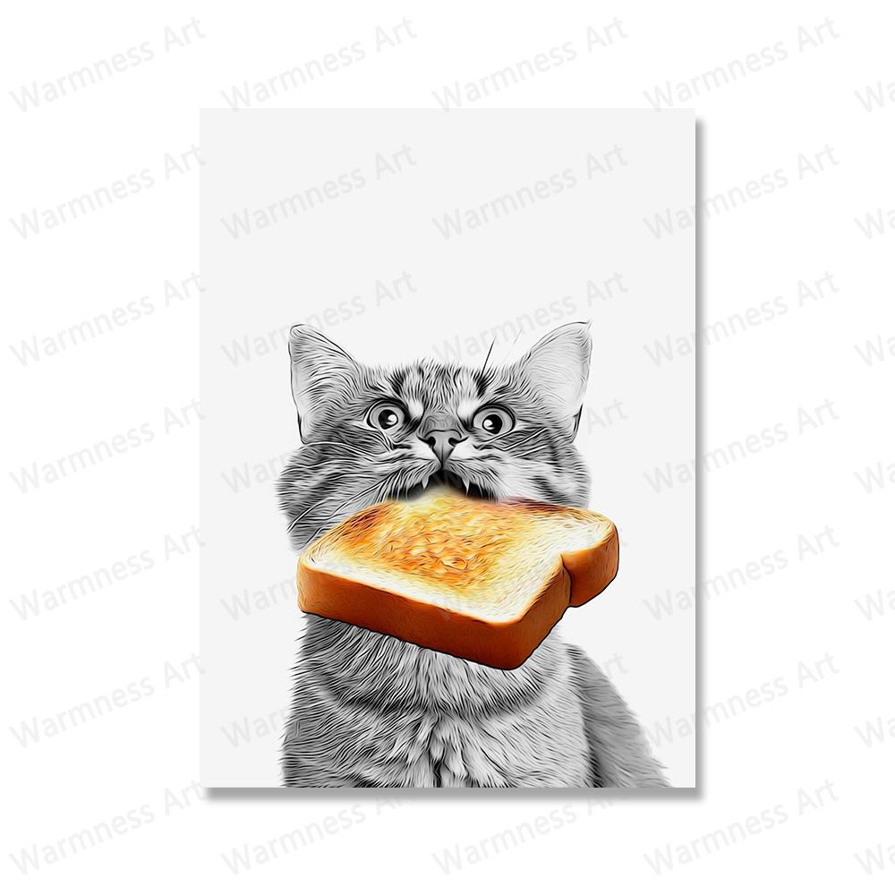 Cat Lover Funny Cats Cake Toast Croissant Poster Animal Hipster Painting Canvas Print Wall Art Home Decor For Coffee Bar Bedroom