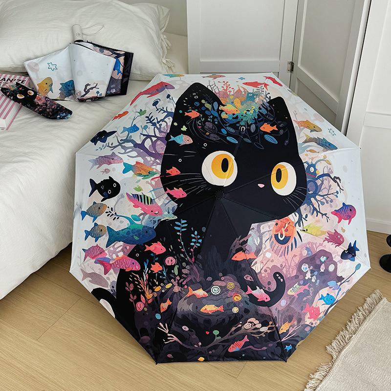 Cute Cartoon Fish and Cat Folding Umbrella Sun Protection Rain-proof UV Protection Umbrella Fully Automatic Sun Umbrella