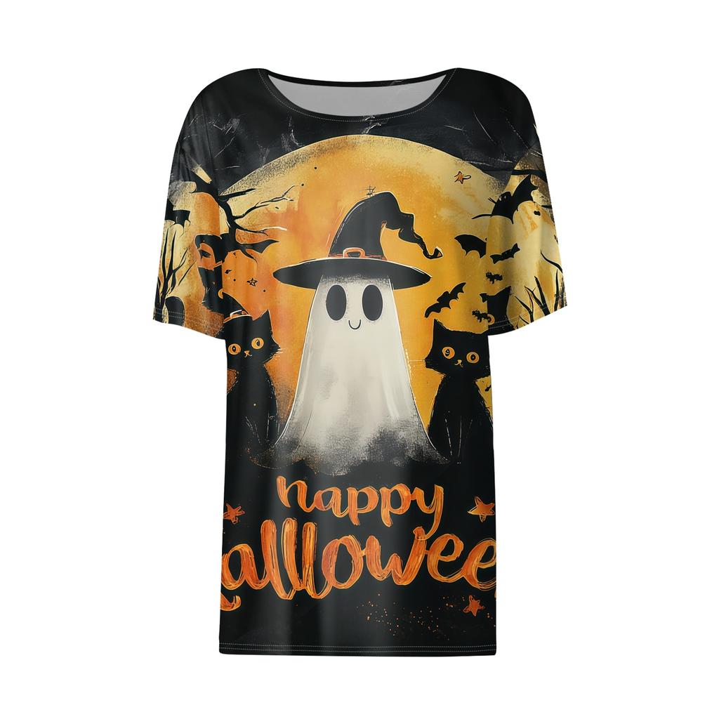 Womens Casual Short Sleeve Halloween Pullover Shirt Round Neck Bat Pumpkin Print Top Lightweight Comfortable Fit