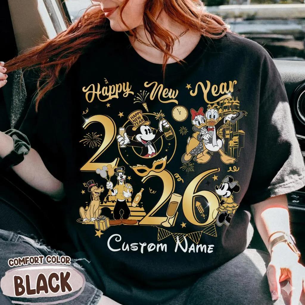 

MINISO Personalized Disney Mickey and Friends Happy New Year 2026 TShirt First Trip 2026 Women Men Casual and Loose Tops S