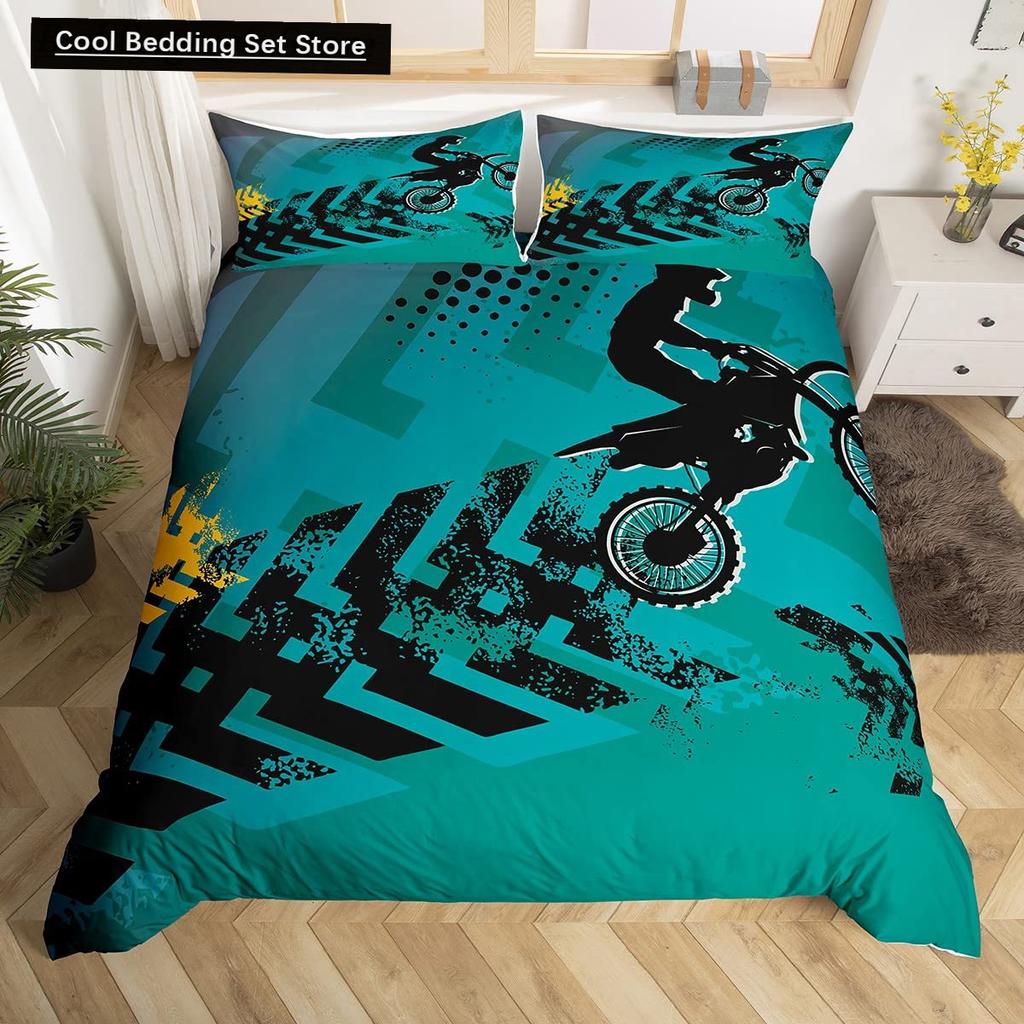 Dirt Bike King Queen Duvet Cover Motocross Sports Bedding Set Motorcycle Quilt Cover Youth Cool Black White Soft Comforter Cover