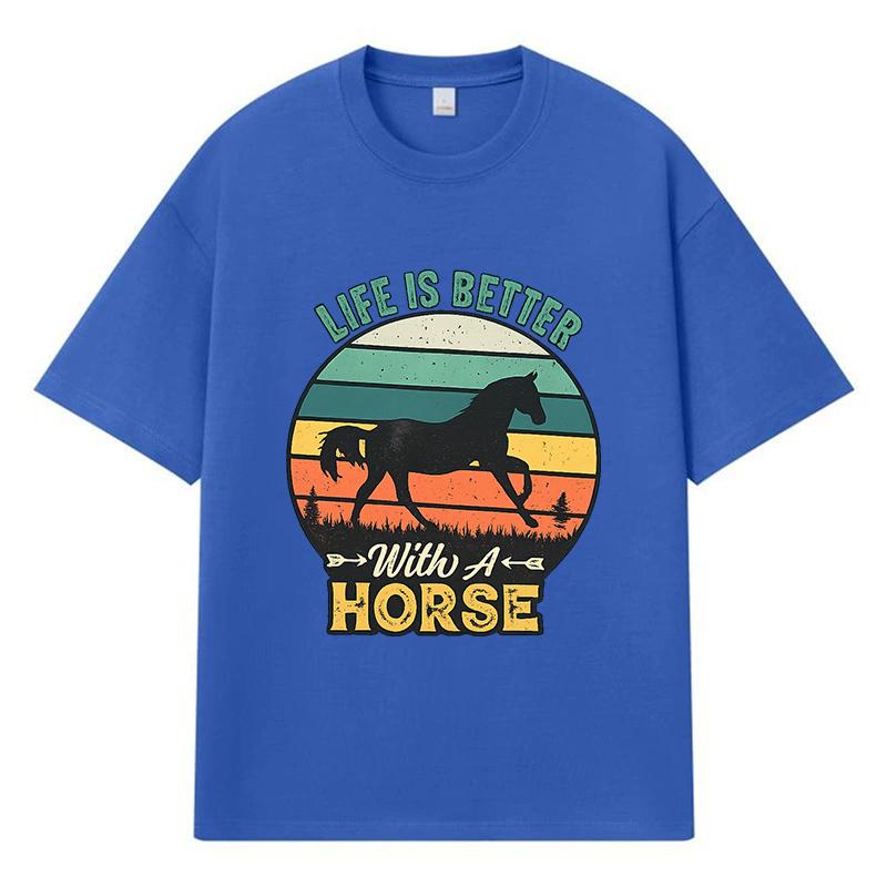 2026 Life Is Better With A Horse Printed Graphic Y2k Harajuku Streetwear 100% Cotton T Shirt Casual Oversized Summer Men T-shirt
