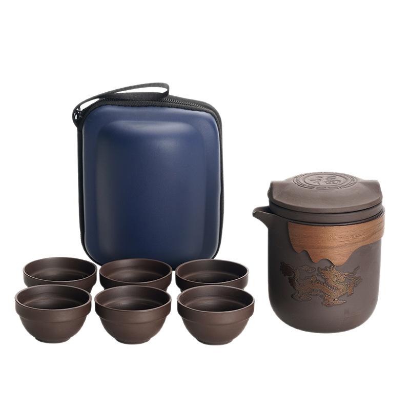 Travel tea set, purple sand express cup, portable outdoor one pot, three cups of ceramic business souvenir