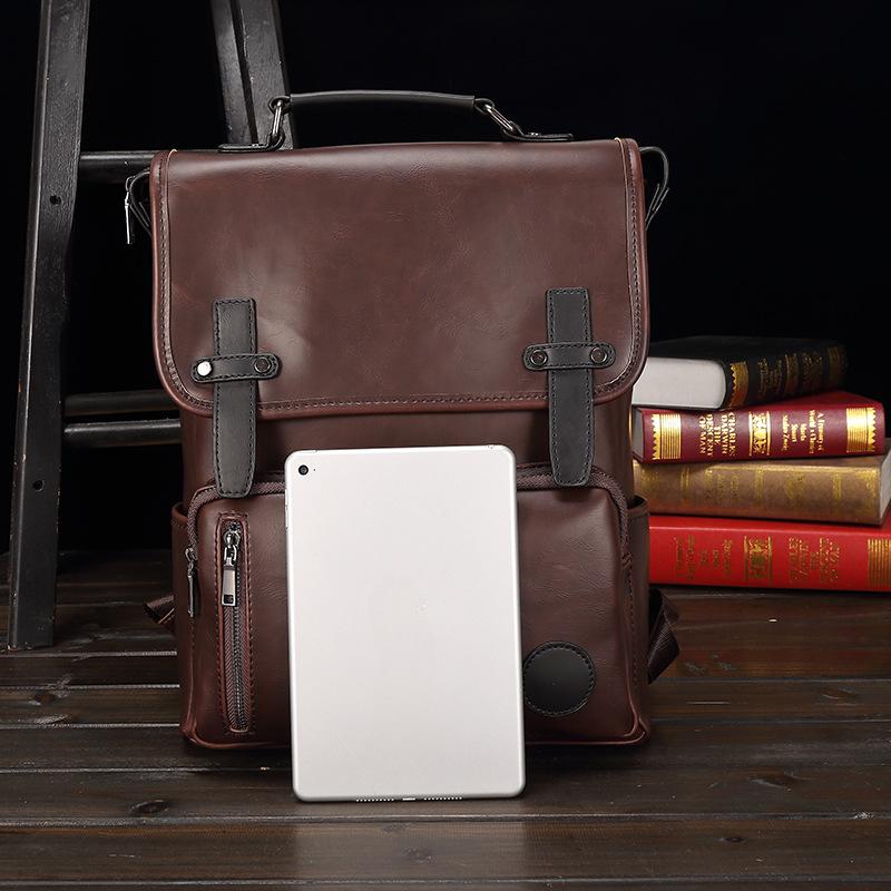 Trendy Men's British Fashion Backpack Personality Design Young Student Backpack Retro Crazy Horse Leather Bag 14-inch Computer Bag