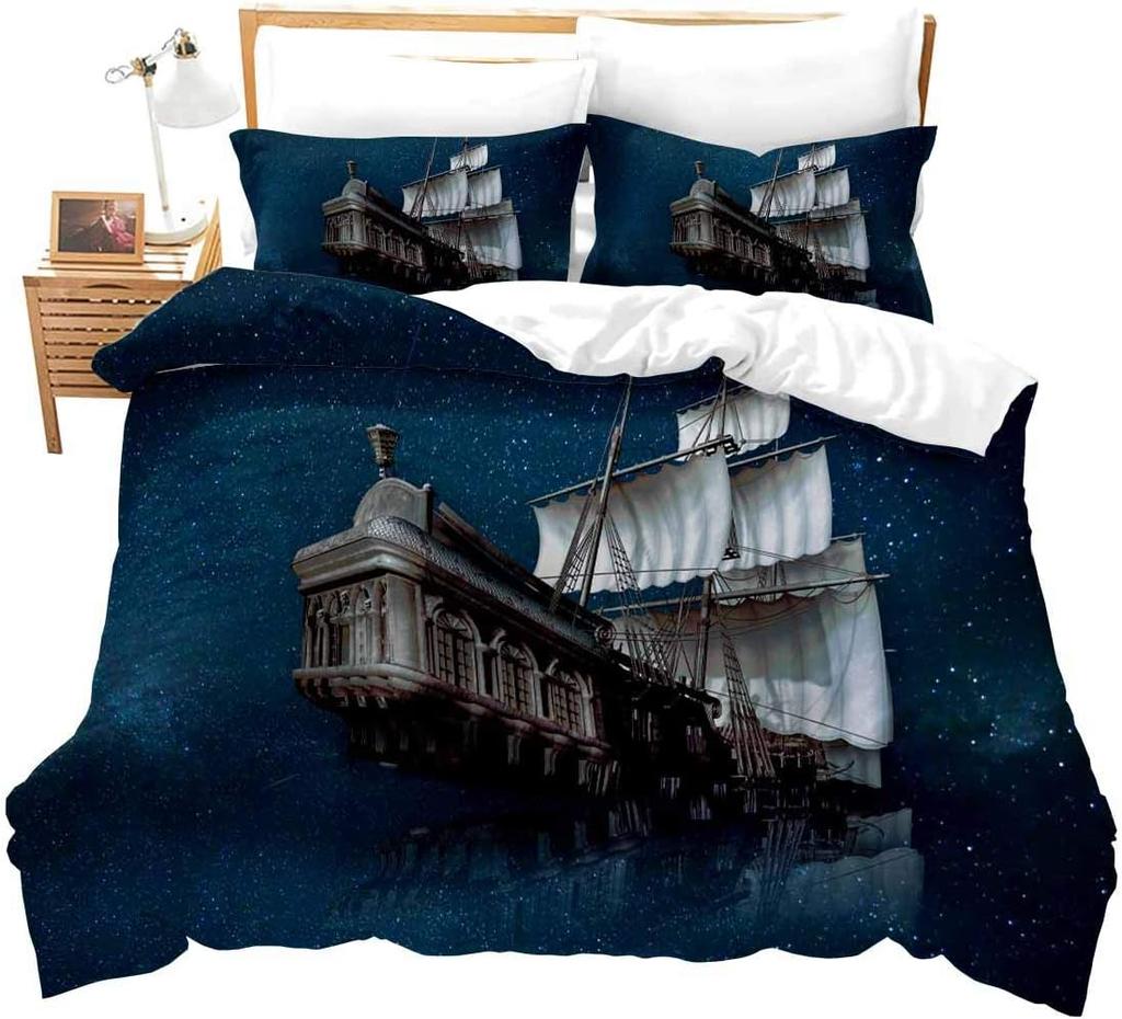 Nautical Comforter Set Blue Ocean Duvet Cover Set, Ship Boat Pattern on Beach,Sailing Ship Anchor Decor Corner Ties Wave Pattern