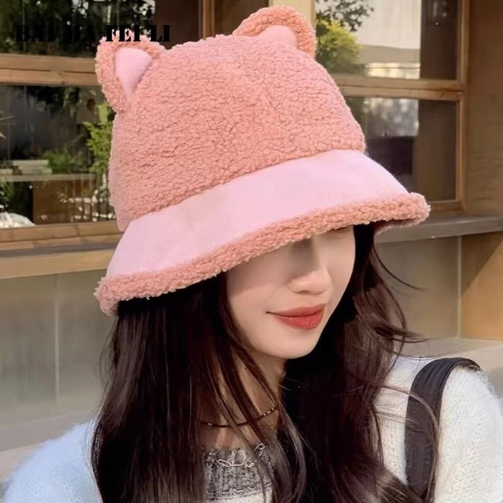 Fuzzy Faux Fur Fisherman Cap Fluffy Plush Warm Hats Cat Ear Fisherman Cap  Outdoor Wear