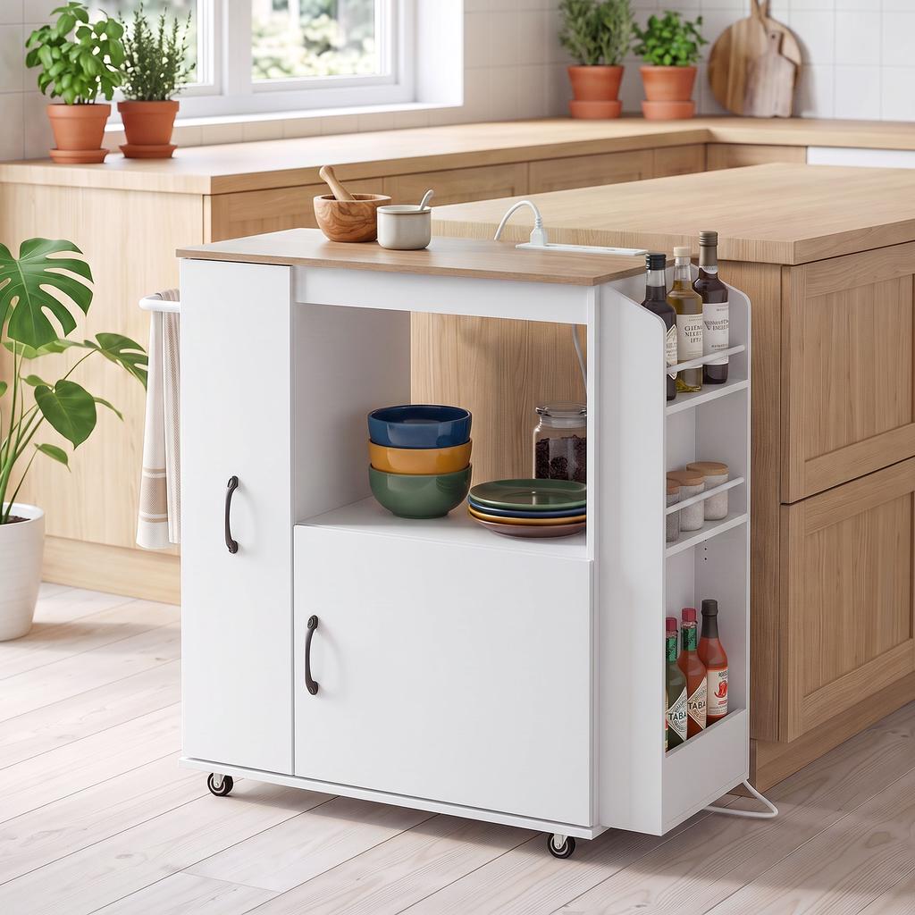Kitchen Trolley on Wheels with Power Outlet, Cabinet, White