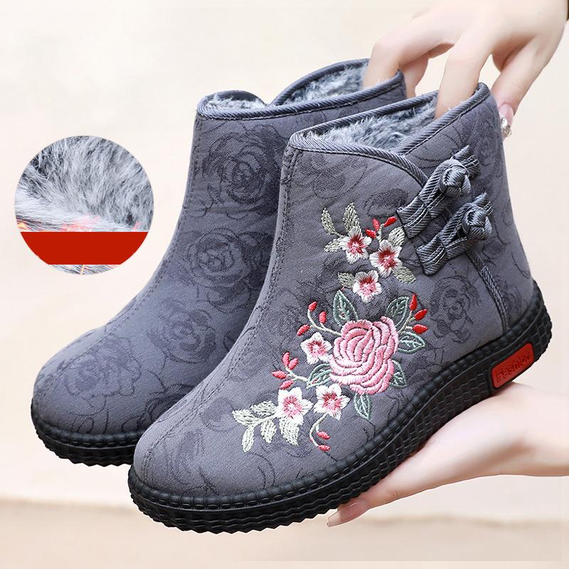 Thickened Floral Embroidery Women's Winter Boots Snow Boots Warm Shoes Mothers Shoes