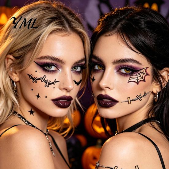 Water Transfer Body Stickers Halloween Makeup Eye Temporary Tattoos, Waterproof Spider Web Bat Eyeliner Scary Face Decals Shadow Tattoo Sticker