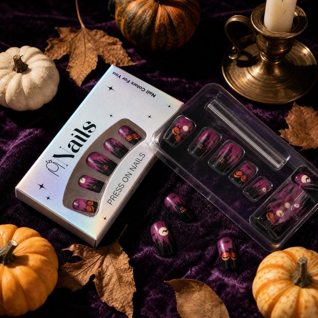 Halloween Press Nails Black Purple Pumpkin Moon Dark Gothic Pcs Removable Fake Nails No Tools Needed