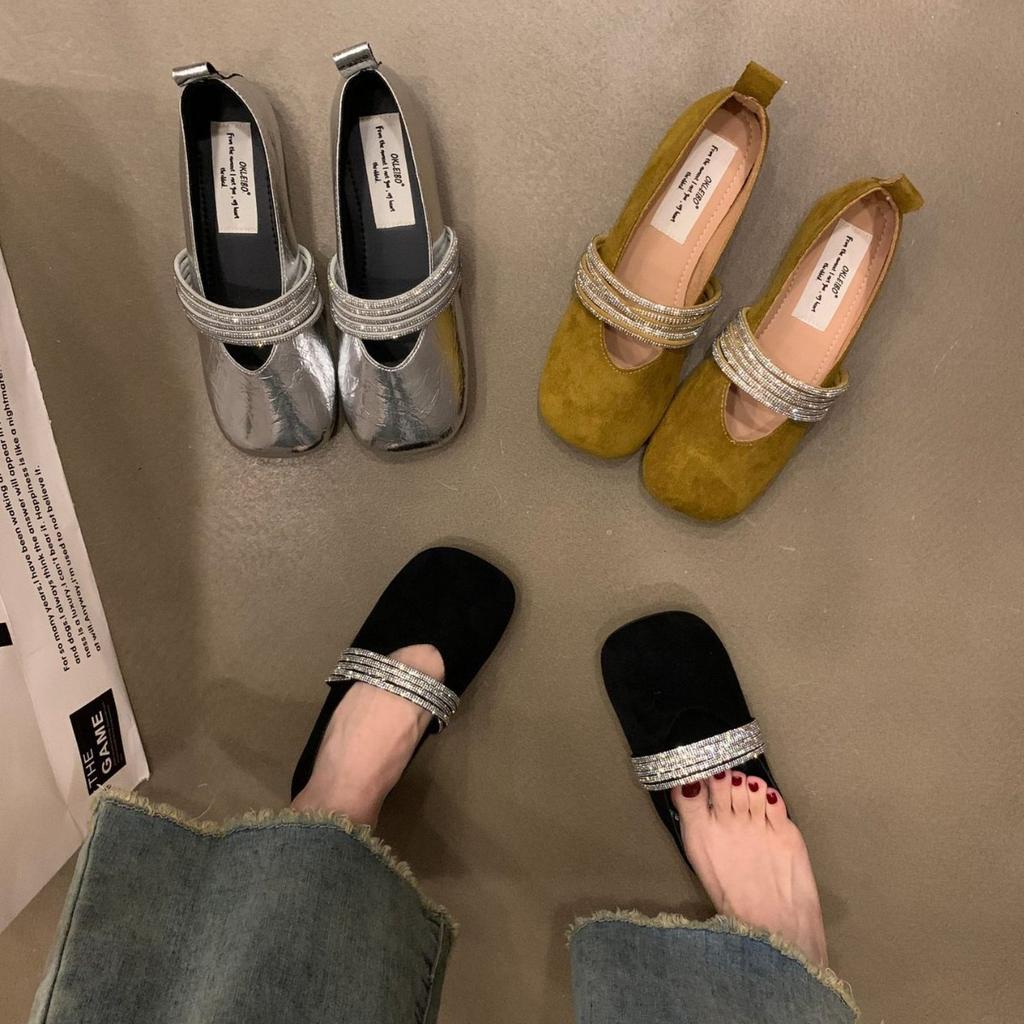French gentle and versatile flat Mary Jane shoes 2025 new spring and autumn rhinestones with ballet style square head shallow mouth single shoes
