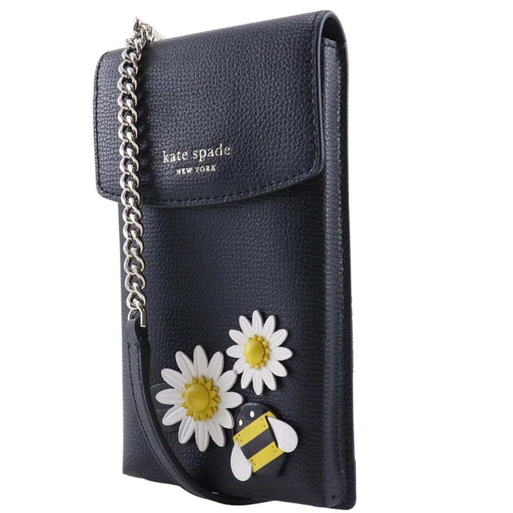 Kate Spade Smartphone Schulter Schultertasche 8AR00298 Blumen & Bienen schwarzes Leder Mehl Damen Gebraucht