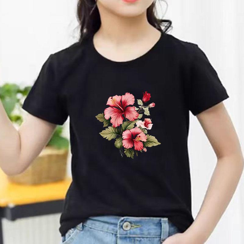Kids Cotton T Shirt Pink Hibiscus Flower Print Crew Neck Short Sleeve Tee Casual Breathable Boys Girls Summer Tops