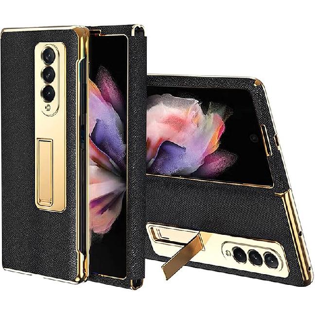 NINKI Luxury Gold Leather Hybrid Plating PC Case for Samsung Galaxy Z Fold3 5G, Shock Proof Protector Case with Stand, Compatible for Galaxy Z Fold3