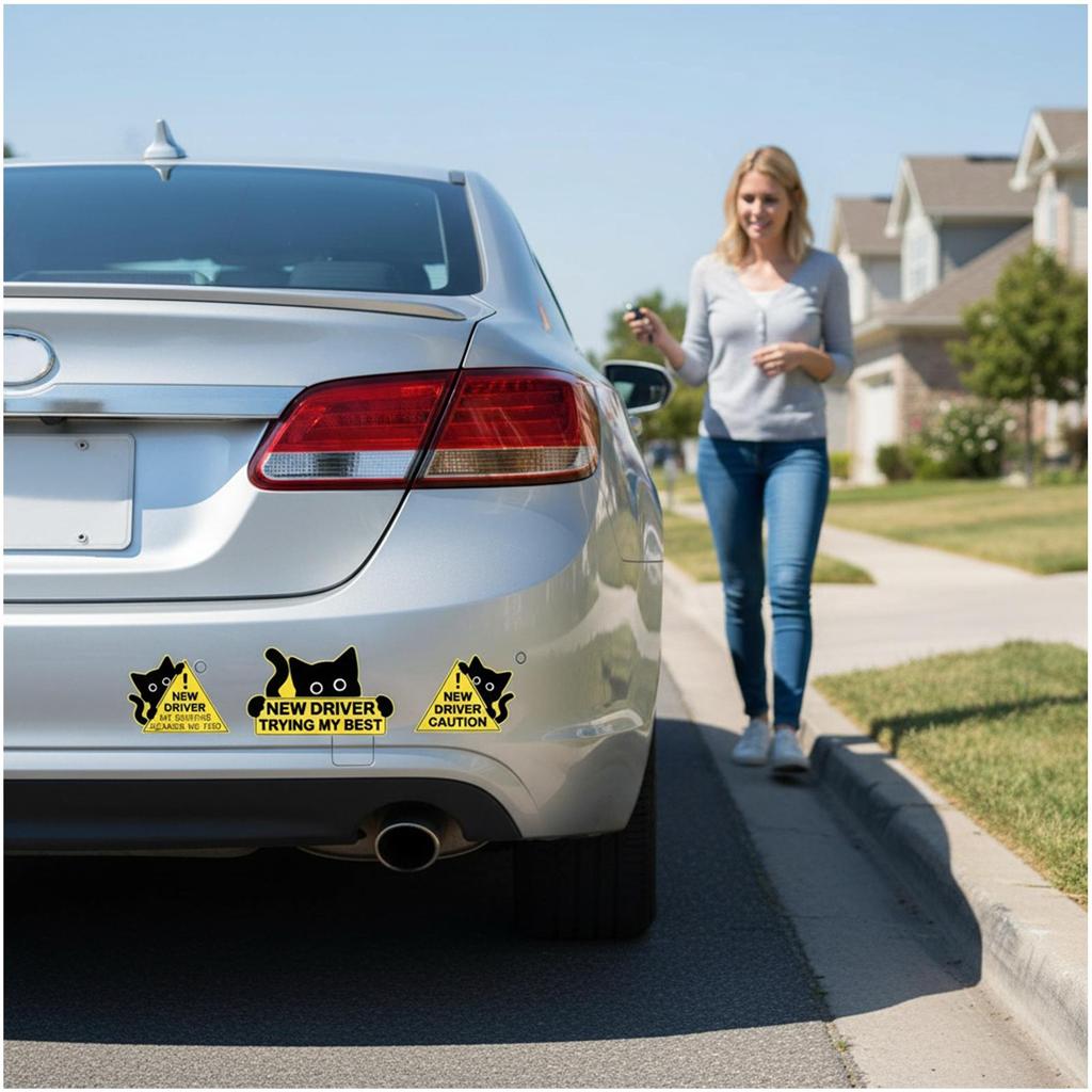 New Driver Sticker Funny 3 Pieces Black Cat Automotive Decal Vehicle Decoration Decals For Drivers Road Trips Daily Commuting