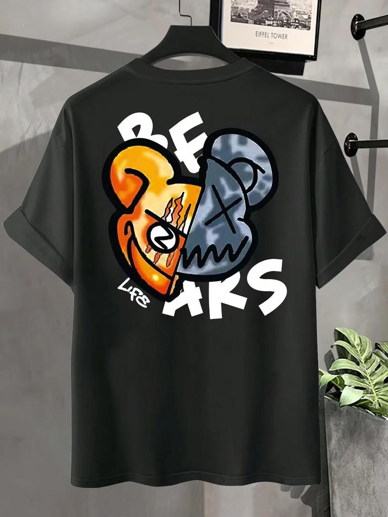 2025 New Men's Bear Print Cotton T-shirt Summer Short Sleeve Round Neck Tees Loose Classic Streetwear Oversized Unisex Tops
