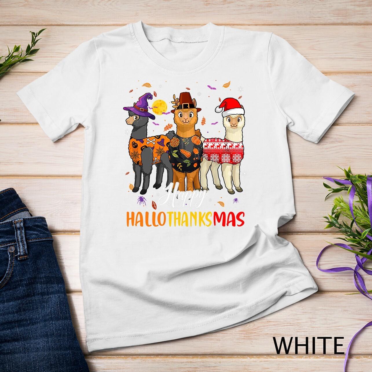 Llama Happy HallowThanksMas Christmas Thanksgiving Family Unisex T-Shirt Mens Womens Tees Top 3XL