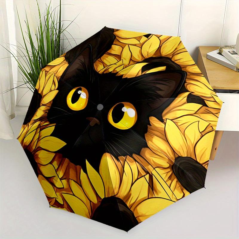 1pc Cat Sunflowers Automatic Open/Close Umbrella with One Touch Button,, Windproof Design   Lightweight Portable Umbrella for Women & Men6111