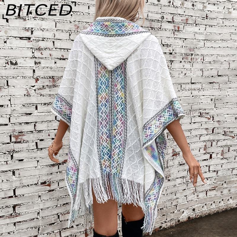 BITCED Fall/Winter Ethnic-Style Knit Hooded Fringe Cape Sweater Shawl Women's Outerwear