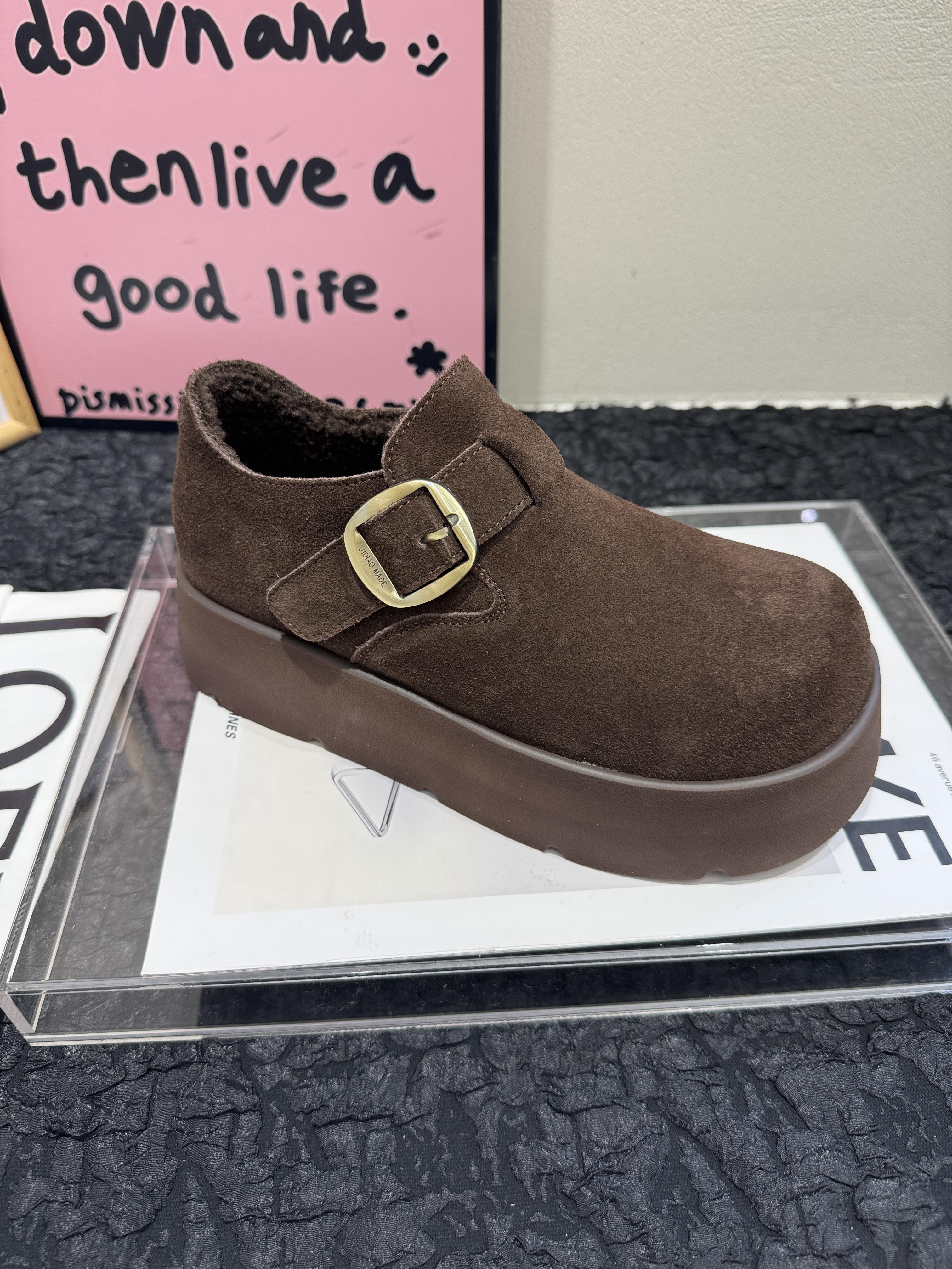 Матовые кожаные толстоподошвенные увеличивающие рост Birkenstocks женские 2025 зимние бархатные хлопковые туфли универсальные лоферы 35