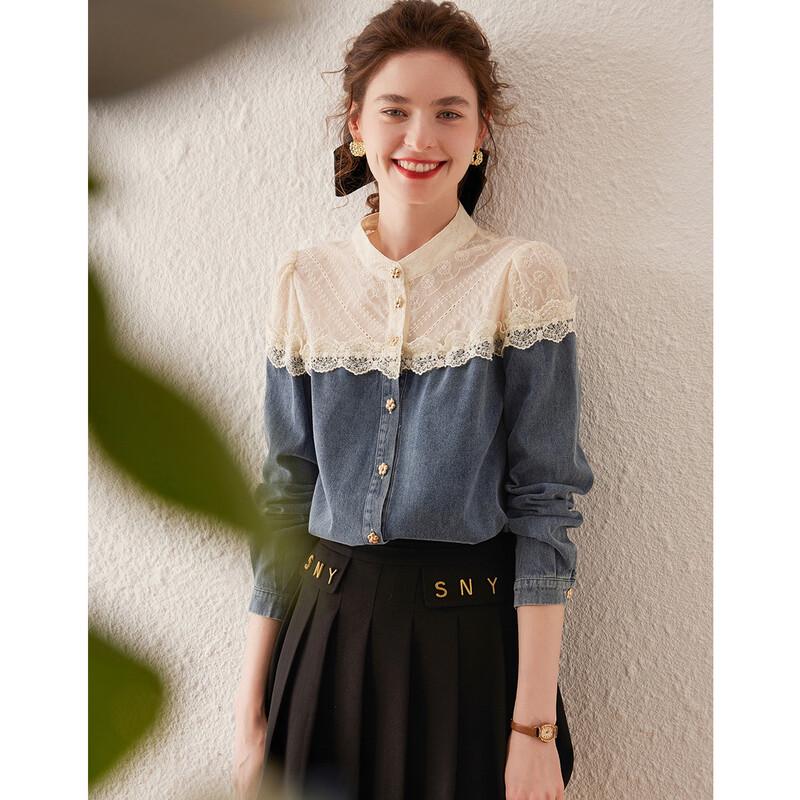 Bailuyu Women s Color Block Lace Stand Collar Shirt S