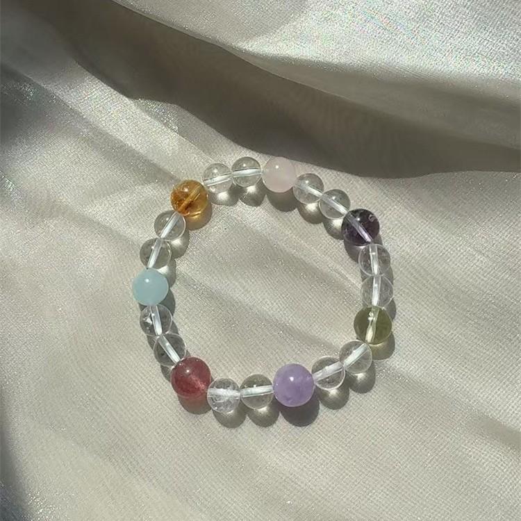 Colorful candies are natural treasures10mm Women's bracelet with aquamarine, amethyst, pink citrine, yellow citrine, and strawberry crystal,