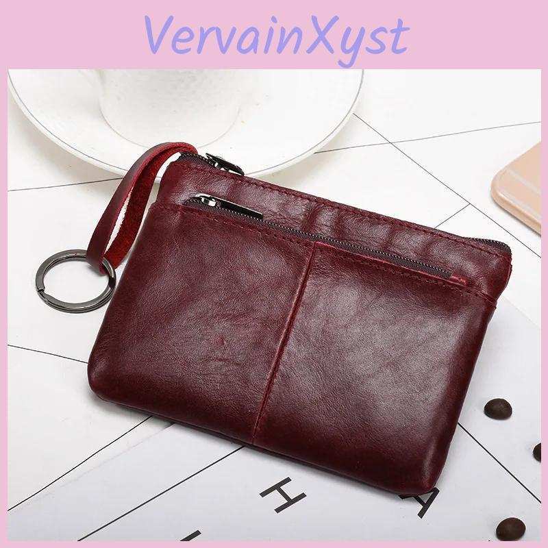 Leather For Purses Genuine Coin Men And Women Vintage Keychain Wallet With Card Holder Solid Color Small Zipper Clutch Purse