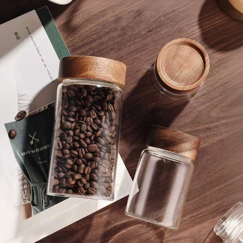 Coffee Bean Glass Sealed Jar Tea Coffee Powder Spice Sealed Storage Jar Acacia Wood Lid Glass Jar