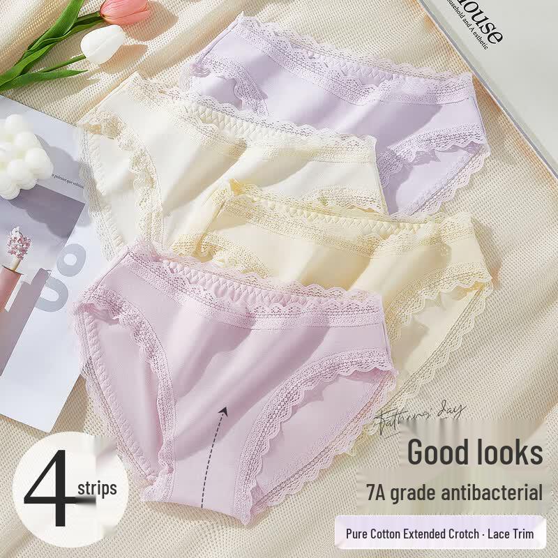 Langsha Women's 7A Antibacterial French Lace Cotton Underwear (4-Pack)