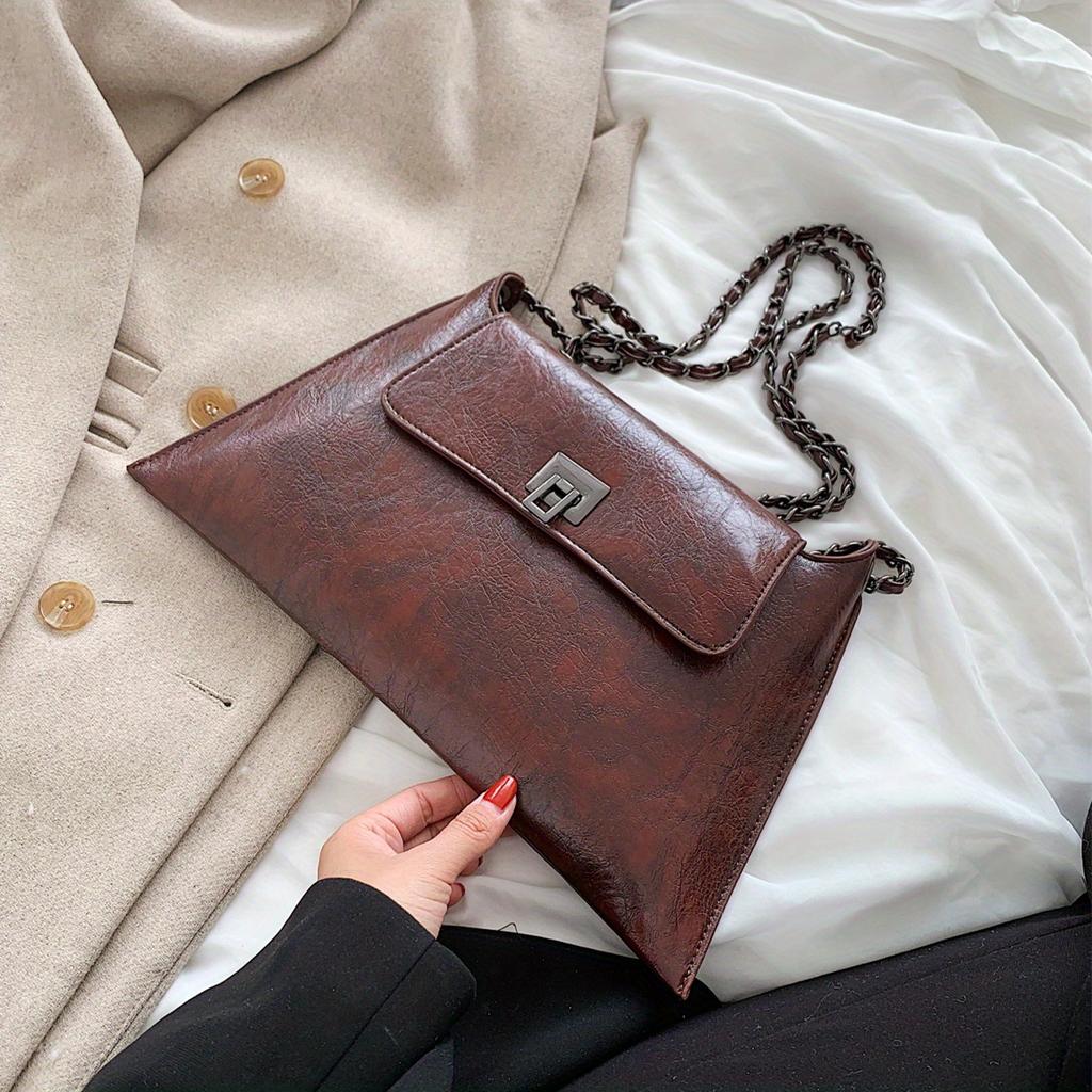 Vintage Metal Chain Underarm Bag, PU Leather Textured Bag Purse, Fashion Versatile Baguette Bag