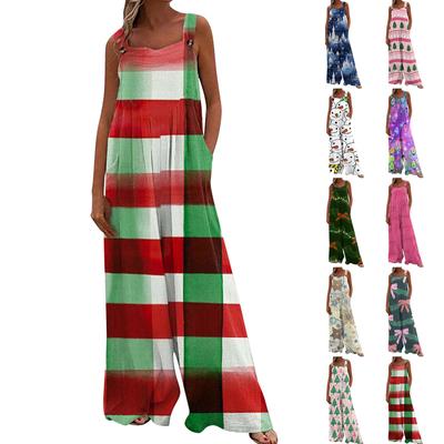Wide Leg Overalls For Women Casual Loose Sleeveless Print Button Long Pant Romper Jumpsuit With Pockets