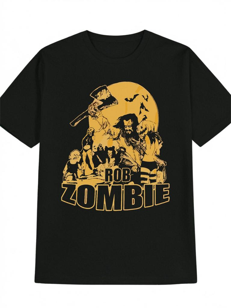 Zombie Graphic T-shirt - Horror Movie Design with Rob Zombie Text - Black & Yellow Casual Tee for Halloween