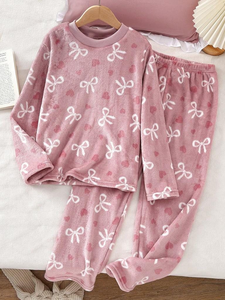 2pcs Girls Bow & Heart Print Fleece Pajama Set,Pink Winter Cute Nighties,Long Sleeve Top And Pants,Soft Comfortable Teen Girls Loungewear Pj Sets