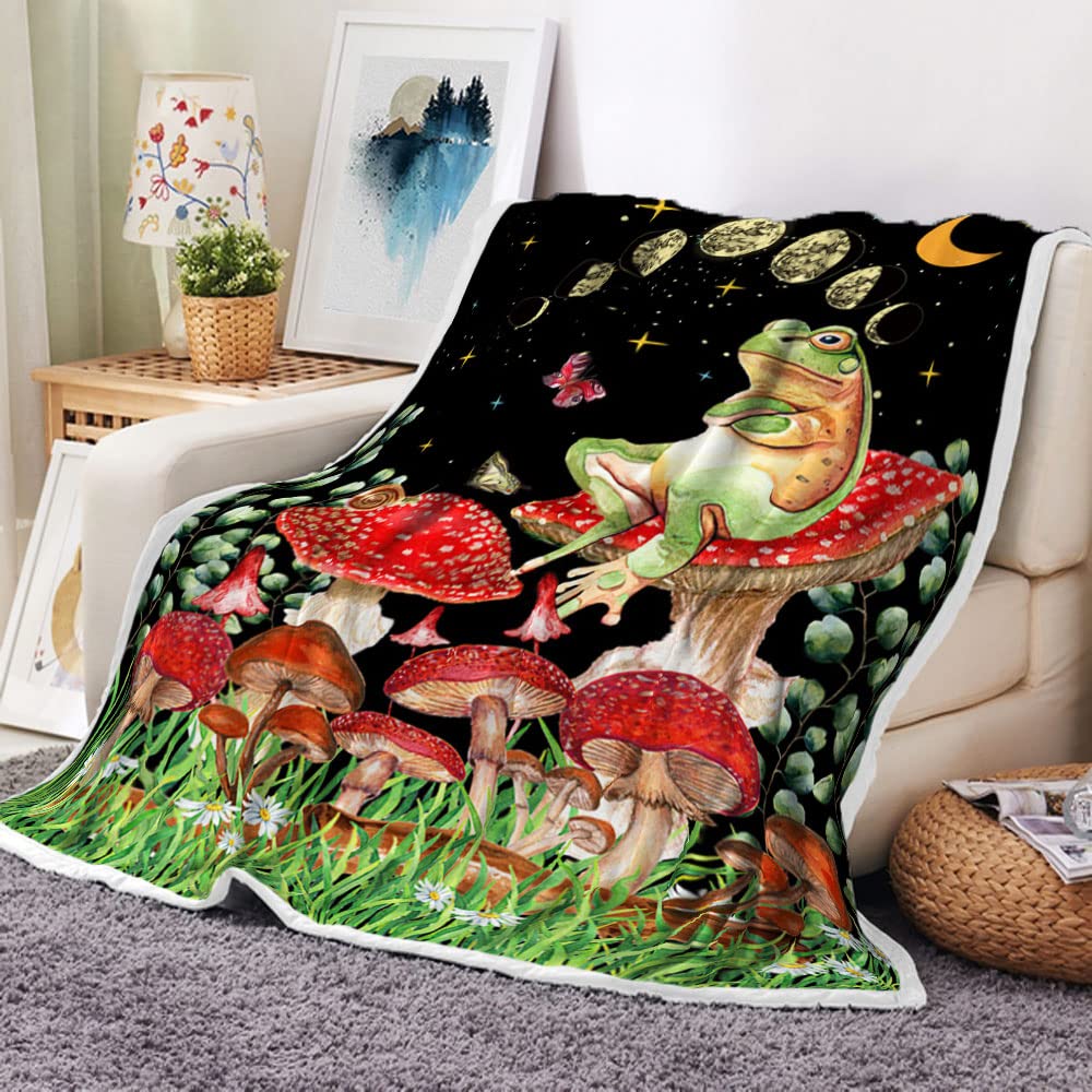 Cartoon Frog Mushroom Blanket Lovey Green Animal Flannel Throw Blankets for All Season Botanical Plush Soft Bed Sofa Blanket
