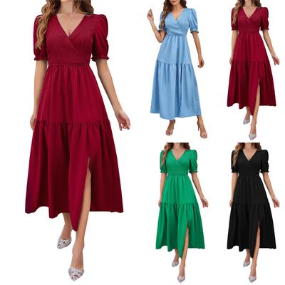 Summer Solid Color Temperament V-Neck Short Sleeve Hem Long Dresses