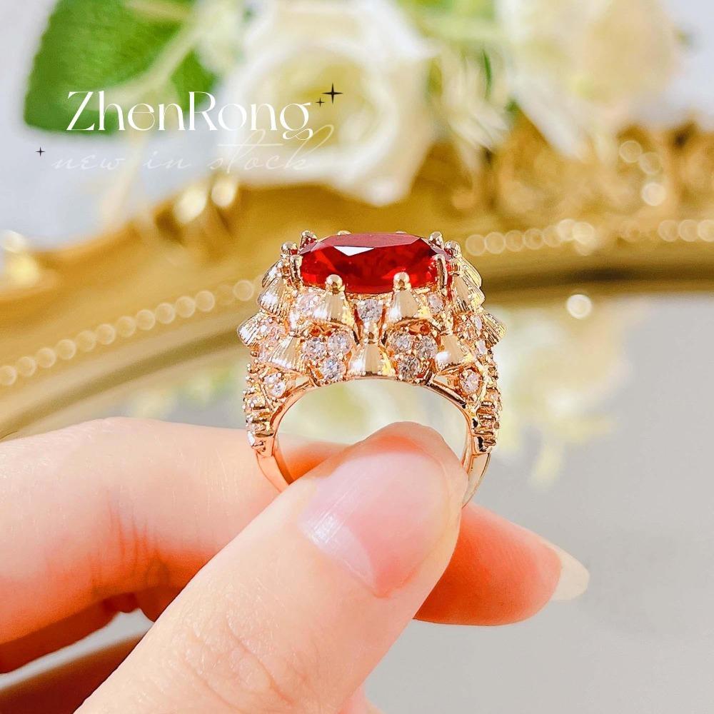 Italian Vintage Open Ring Ruby Crown Jewelry with Intricate Gold Carving Royal Retro Design