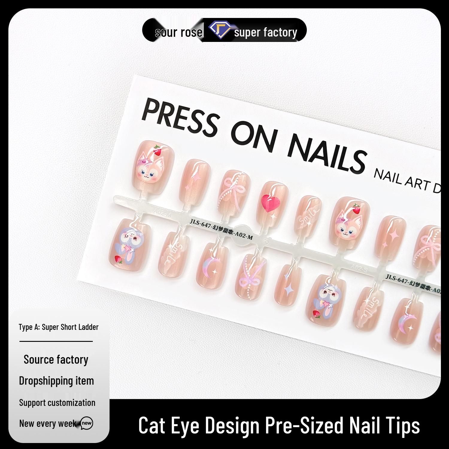 

Jiaolong Autumn/Winter Cat Eye Nail Set - Handmade Cartoon Heart & Bow Design